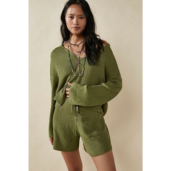 Free People Beach Ribbed Knit Sweater Set Slouchy Oversized Top Cozy Green Sz S - Picture 1 of 16